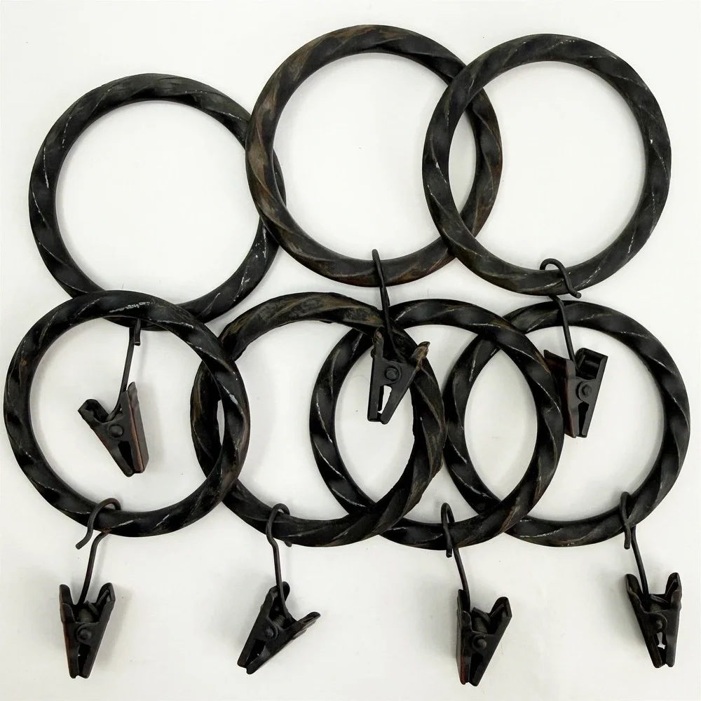 Set of 7 Twisted Metal Curtain Rings with Clips Dark Bronze 2 Inch Inner Dia
